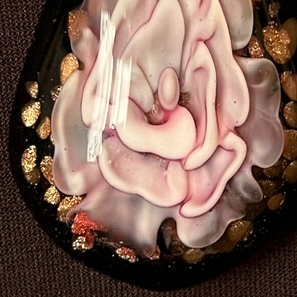 3D Pink Flower Dichroic Glass Pendant • Black & Gold • Sterling Italian Chain - Picture 6 of 14